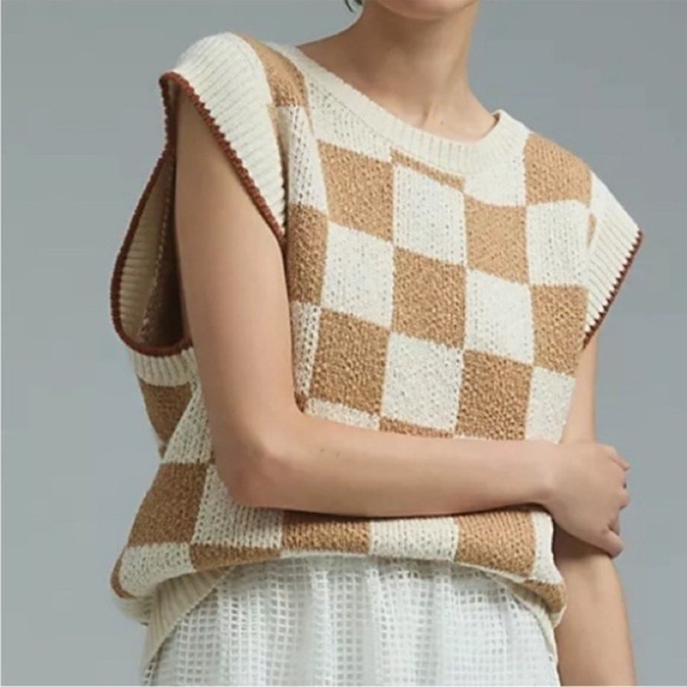 Maeve‎ by Anthropologie Checkerboard Knit Sweater Vest XXS Cream Tan Sleeveless